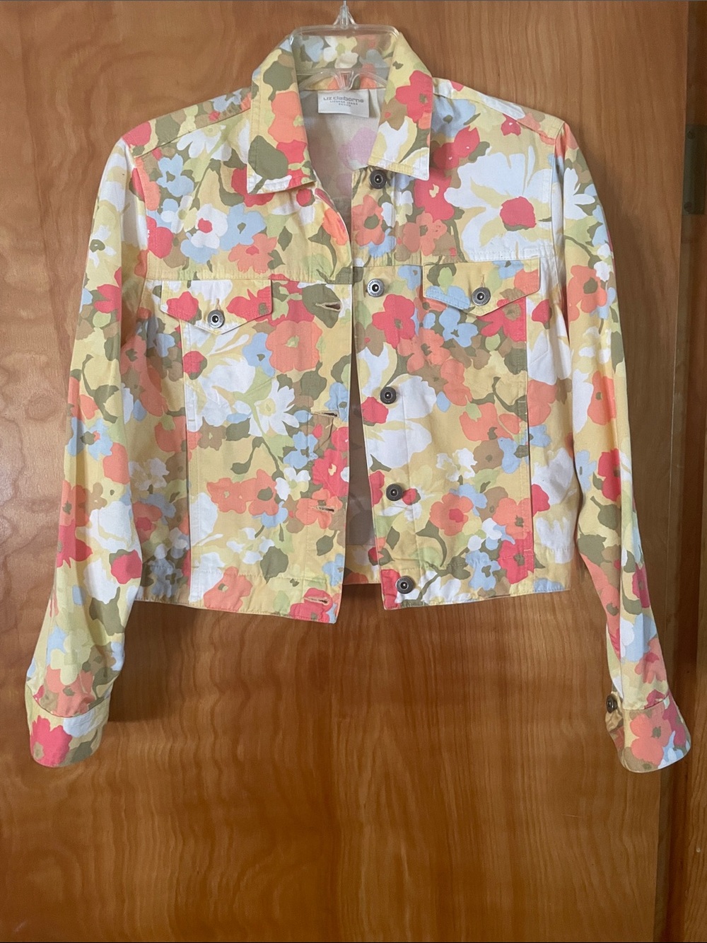 Liz Claiborne Floral Crop Jean Jacket in Yellow, Coral, Blue & White